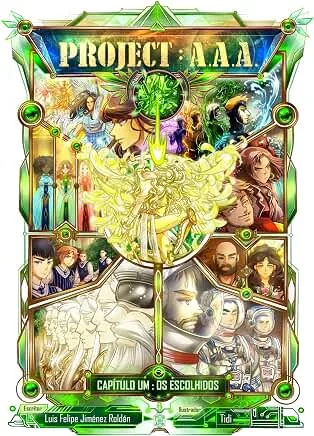 Cover of Project A.A.A. chapter one, The Chosen: a green and gold frame around a winged figure, with the cast arranged below.