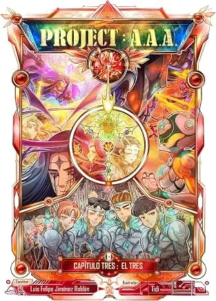 Cover of Project A.A.A. chapter three, The Three: a red and gold frame over an armoured cast beneath a central crest.