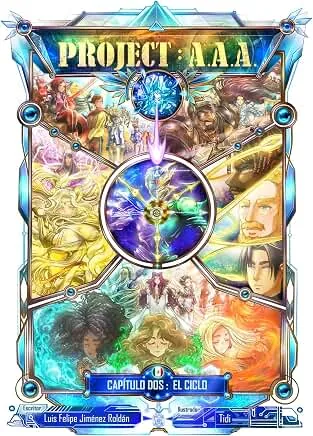 Cover of Project A.A.A. chapter two, The Cycle: a blue and silver frame built around a glowing orb, with the cast arranged around it.
